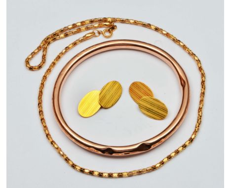 Pair of 9ct gold cufflinks with engine turned decoration, 5 grams, together with a 9ct gold bangle of plain form, 8 grams and