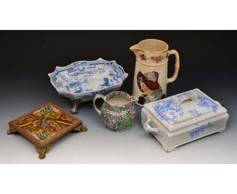 Clyde Pottery Greenock jug circa 1850-1903, a Spode Copeland chintz jug a J H Davis lidded dairy butter dish, a tile and bras