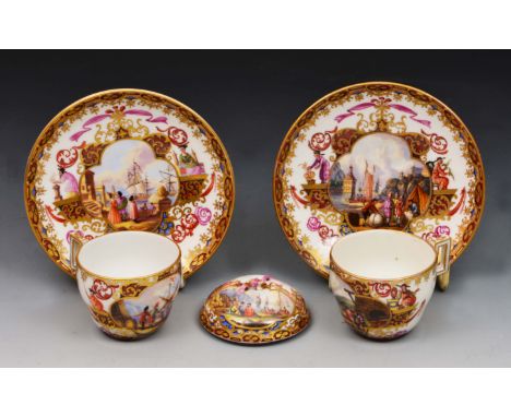 Pair of Meissen cabinet cups and saucers painted with harbour scenes after Heroldt (one with cover)