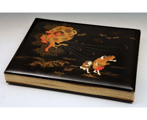 Japanese Lacquered Album, decorated to front and back in gold relief and ivory inlay details, containing 48 hand coloured por