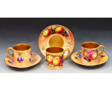 Three Royal Worcester coffee cans and saucers painted with fruit by H Ayrton, W H Austin and A R Mosley