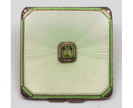 Ladies compact in the Art Deco style, with green enamel decoration, in original box