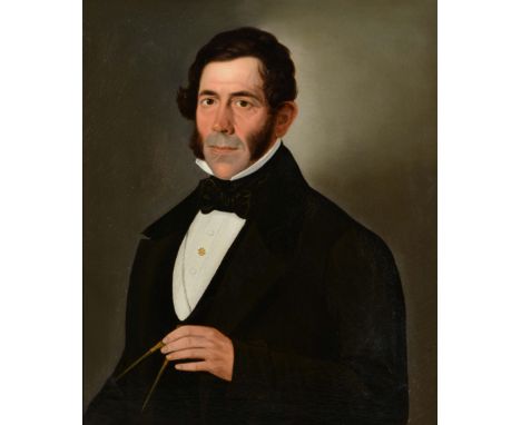 Early 19th Century English School Half length portrait of a formally dressed man holding nautical dividers, oils on canvas, 7
