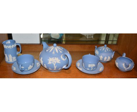 Wedgwood Jasperware tea set comprising two tea cups and saucers, a teapot, a milk jug, a water jug and a sugar basin