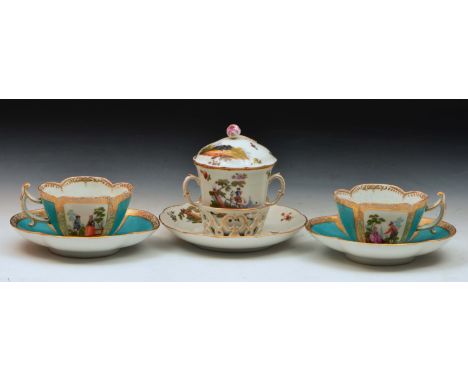 Dresden cabinet cup, cover and saucer painted with equestrian figures and animals, and a pair of Helena Wolfshon turquoise gr