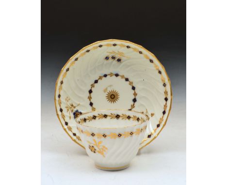 Worcester fluted tea bowl and saucer cobalt blue and gilt sprays, circa 1780
