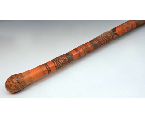 Japanese carved bamboo walking stick with Noh mask designs