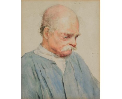 Early 20th Century English School Half length portrait of a bald man with a solemn expression, watercolour, 16cm x 12cm