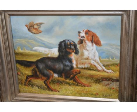 A Bretton (20th Century) Two oils on canvas of hunting dogs, each signed, 59cm x 49cm