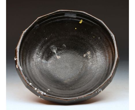 Janet Leach (British, 1918-1997) at Leach Pottery Bowl, tenmoku glaze, 14 sided, impressed potter's and St. Ives pottery seal
