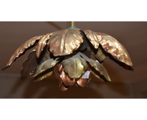 Copper and brass Benson style hanging light and a copper Art Nouveau chandelier (2)