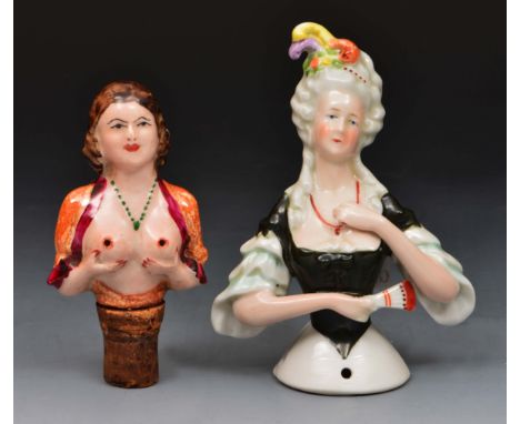 Victorian bottle stopper in the form of a porcelain semi naked girl and a porcelain pin cushion doll