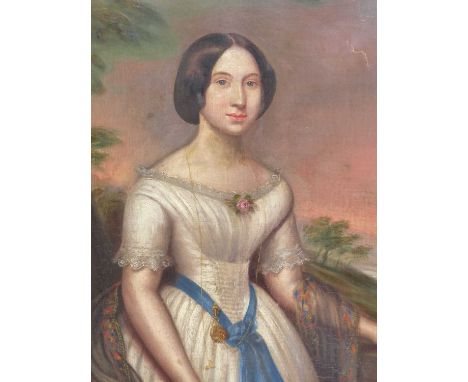 19th century English school. Portrait of a young lady in white silk dress and blue sash adorned with a gold fob watch. Oil on