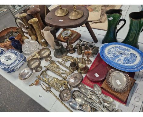 Two mantle clock, various brasswares, cutlery, a pair of pottery ewers, a stool and a barometer etc.