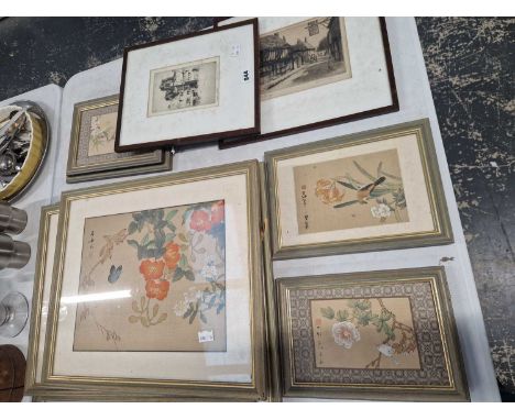 An antique etching by Florance Page, another by Dorathy Wooland together with various oriental paintings of flowers in the tr