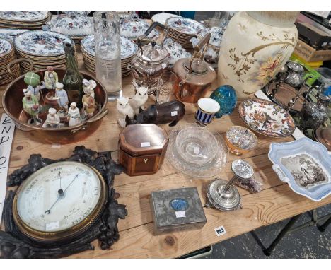 A Victorian barometer in carved blackforrest type case, a regency small tea caddy, a copper pan and kettel, a spirit kettle o