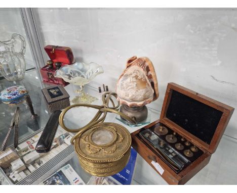 A carved shell cameo light, a Chinese cloiosonne box, four others, velvet boxed scent bottles, a vaseline glass tazza, etc