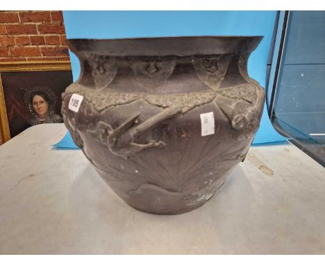 A Japanese bronze planter cast in relief with birds and cherry blossoms.   Dia. 31cms.