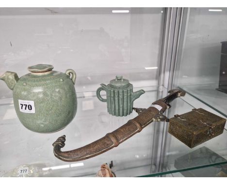 Two chinese celedon glazed small tea pots, a middle eastern dagger and a small brass hinge lid box.