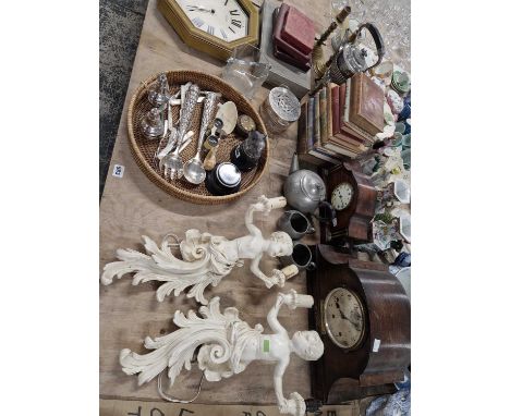 Two edwardian mantle clock, a pair of wall sconces, various plated wares, brass candlesticks, books etc.