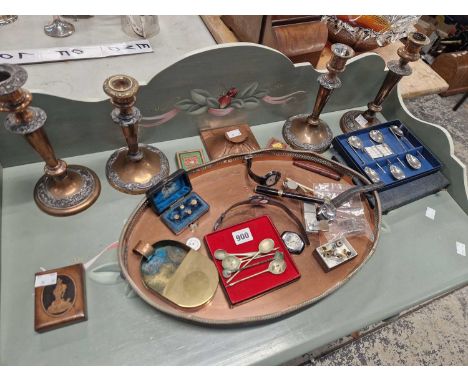 A large copper gallery tray, an arts and crafts inkwell, candlestick, watches and collectables etc.