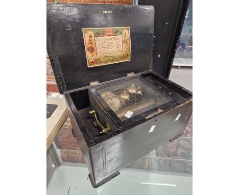 A rosewood cased music box playing eight airs on a 16cms comb, three bells and a drum, the lid marquetried with a flower.   W