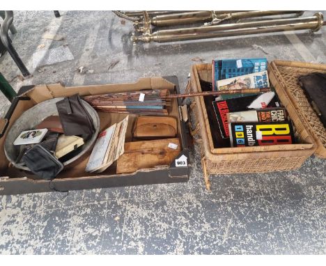 A vintage paper parasol, and inlaid small box, copper pan, books etc.