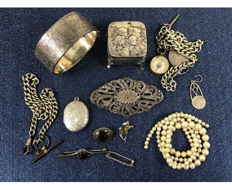 An antique hallmarked silver small lidded box decorated with angels, a hallmarked silver hinged bangle, a 935 stamped large b