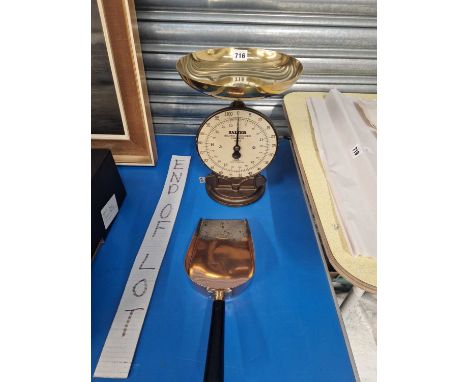 A Salter's coin scale together with a steel tipped copper coal  shovel
