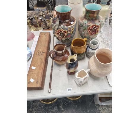 A vintage riding crop, a wooden cigar mould, a silver rimmed doulton jug, a pair of large vases and other ceramics.