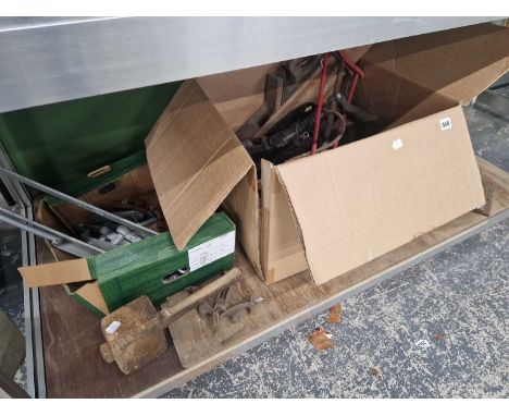 An unused set of iron gate hinges and fittings together with a large box of vintage tools etc.