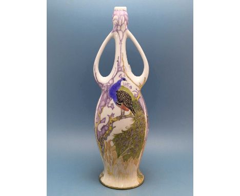 A Nao figure of a girl two other similar figures together with a Dutch Art Nouveau patterned two handled vase.   H 39.5cms