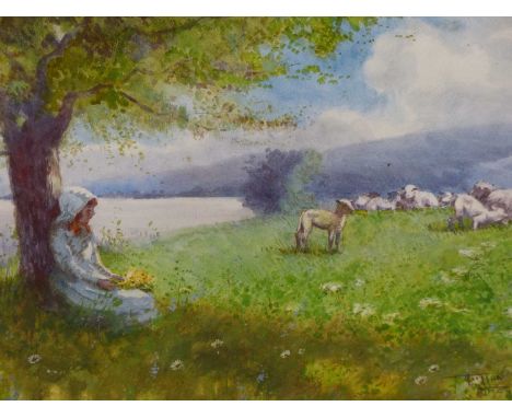 Hutton Mitchell (1872-1939), a girl seated under a tree by the waterside watching sheep, watercolour, signed lower right.   3