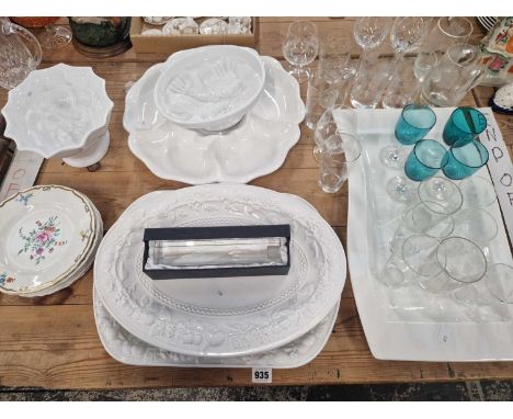 Various serving platters, drinking glasses, Burleigh side plates and a crystal candlestick.