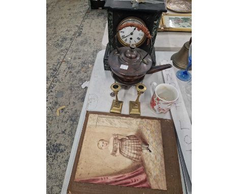 An Early 19th century watercolour portrait of a child. spruners historical atlas, a copper kettle on stand and a victorian sl