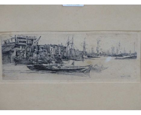 James Abbott Mcneill Whistler (1834-1903), Thames warehouses, etching, signed and dated in the image.   7.5 x 20cms.
