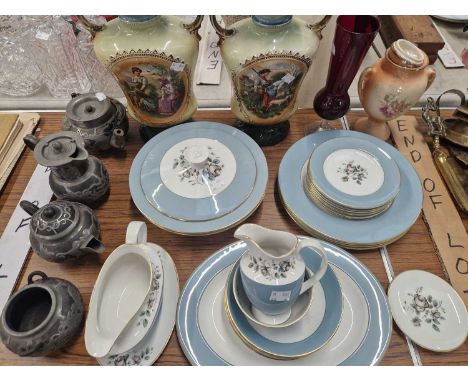 A Royal Doulton rose elegance dinner service, a pair of edwardian vases, oriental tea wares etc.