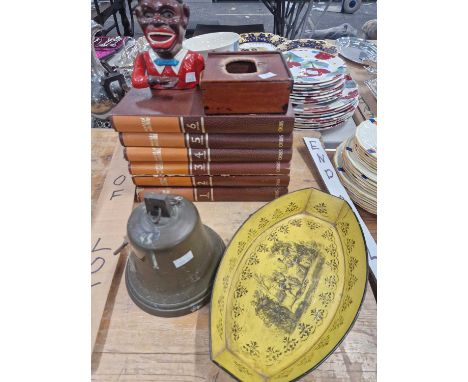 A vintage money box, a large brass bell, toleware tray etc. Notice from the the-saleroom.com: These items are listed on the b