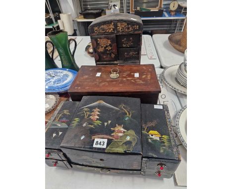 Two oriental lacquer boxes and a mahogany tea caddy box.