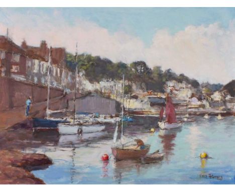 Vince PETERSON (British b. 1945) Old Newlyn Harbour - Preparing to Sail, Oil on board, Signed lower right, artist's label ver
