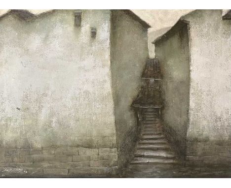 British/Continental, Architectural interest, a covered passageway between two buildings, oil on canvas, indistinctly signed l