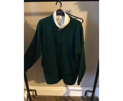 One Edinburgh wool cardigan jacket in bottle green with brass buttons (size large); The Scotch House wool kilt in maxi length