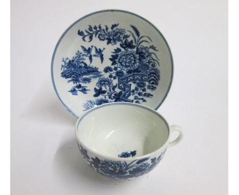 A Worcester Blue and White Tea Cup and Saucer - Fence PatternDate: circa 1795   W in scriptSize of Cup: 7.5cm diameter, 5cm h