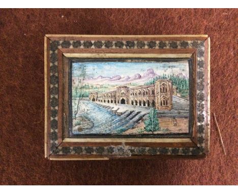 A miniature mosaic patch box, with a hand painted scene to centre, bone inlay