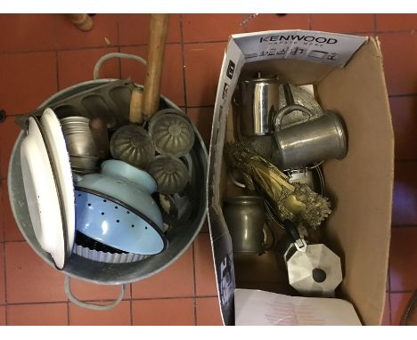 Various kitchen items to include enamel plates, a colander, tankards and a jelly moulds etc. (2 boxes)