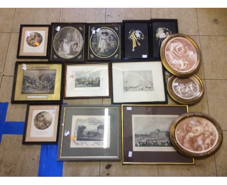 A box of assorted pictures, prints and etchings, some 19th Century, including a coloured etching entitled ‘Bastille’ showing 