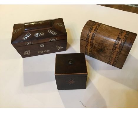 A group of three 19th century tea caddies, including an inlaid walnut domed example, single caddy and a rosewood double examp