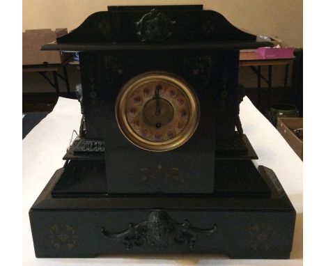 A Victorian black slate bracket clock with key and pendulum&nbsp;