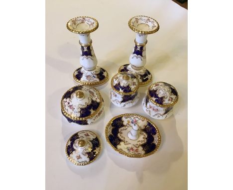 An early 20th century Coalport Batwing dressing table set with candlesticks, covered bowls and ring tree, AF