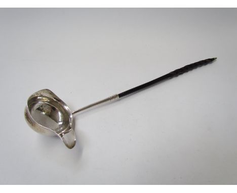 A silver toddy/Brandy ladle with long spout, whale bone handle (loose), London 1915, 34cm long 